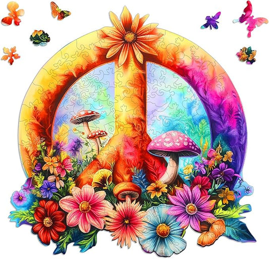 Ixfyloop Flower Wooden Puzzles for Adults 500 Pieces, Peace Symbol Jigsaw Puzzles Elderly Puzzle, Adult Puzzle Gift for Men Women Elders Seniors,16.6x16.9 inch