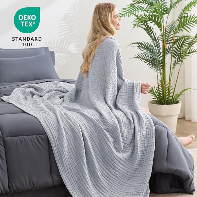 Love's cabin 100% Cotton Muslin Blanket, 6 Layer Lightweight Breathable Gauze Queen Size Blanket 90 x 90 Inches, Soft All Season Blanket for Bed, Light Grey