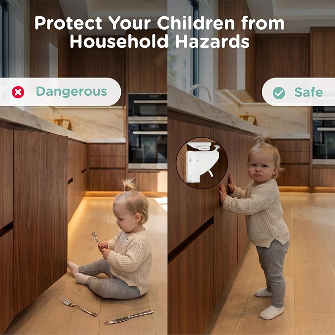 16 Pack Cabinet Locks Baby Proofing - SKYLA HOMES Children Proof Magnetic Cabinet Locks for Cupboard, Drawers, Adhesive Baby Proof Latches (16 Locks and 2 Keys)
