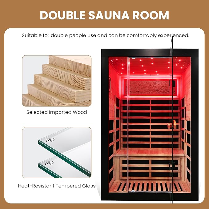 2 Person Far Infrared Home Sauna Low EMF 2000W 110V Wooden Indoor Dry Sauna with Red Light Bluetooth Speakers 47.24"x41.34"x74.8"