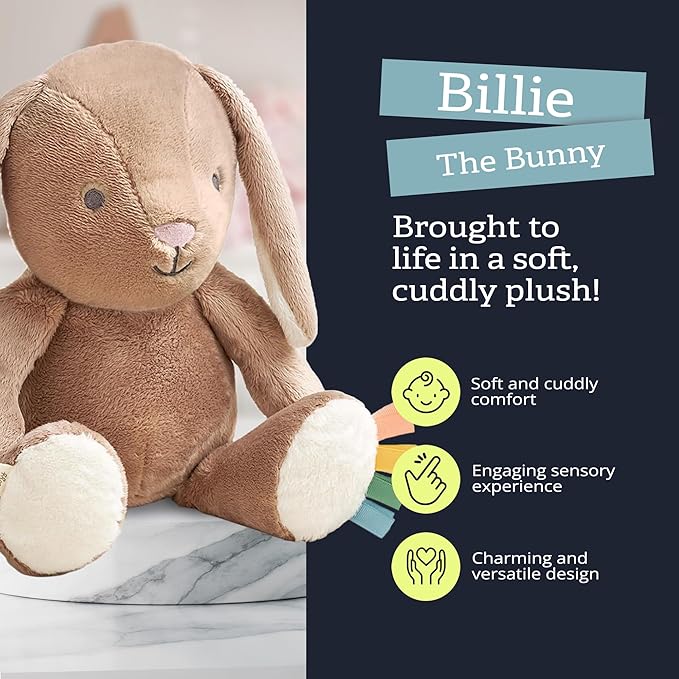 Itzy Ritzy Snuggles Plush Toy – Soft Stuffed Animal for Babies, Kids & Adults – Sensory Ribbons & Textured Fabrics for Tactile Play – Cozy & Cuddly Companion for Newborns & Up (Taupe Bunny)