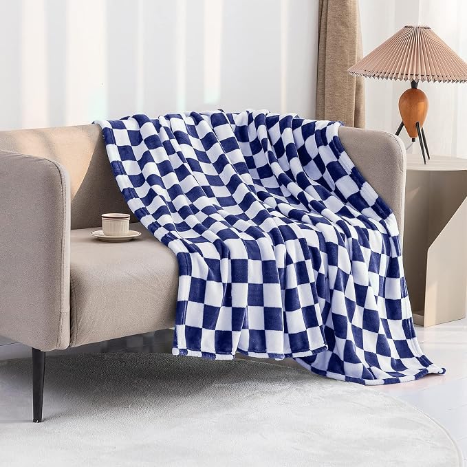 LOMAO Throw Blankets Flannel Blanket with Checkerboard Grid Pattern Soft Throw Blanket for Couch, Bed, Sofa Luxurious Warm and Cozy for All Seasons (Dark Blue, 40"x60")