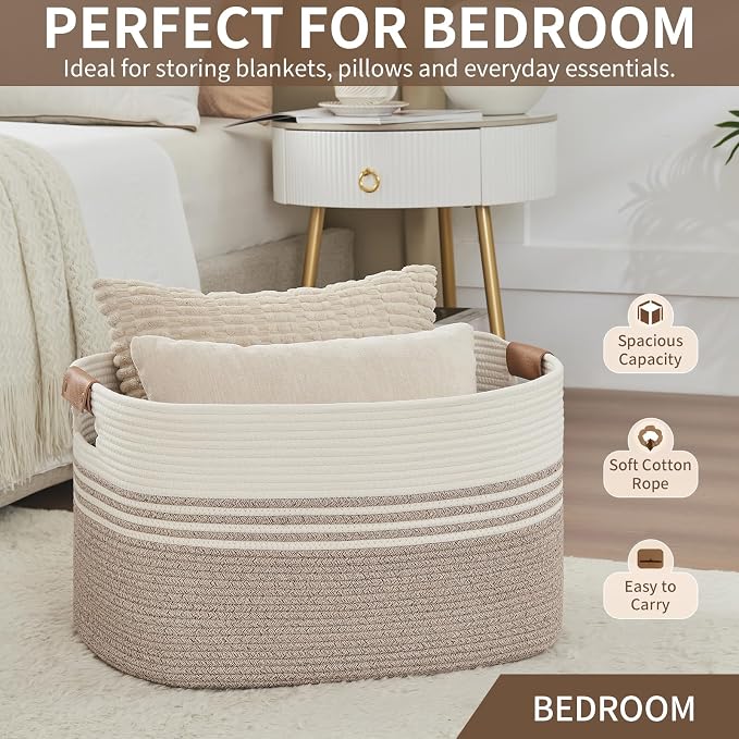 DOFASAYI Laundry Hamper with Handles, 72L Rope Laundry Basket, Light Brown | Cotton rope clothes hamper with leather handles holds blankets, pillows, toys and laundry in nursery, bedroom or living room
