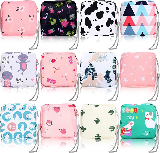 Paterr 12 Pcs Sanitary Napkin Storage Bag Set Portable Period Pouch with Lanyard for Menstrual Pad Bags Back to School First Period Gift for Teen Girls(Chic Style)