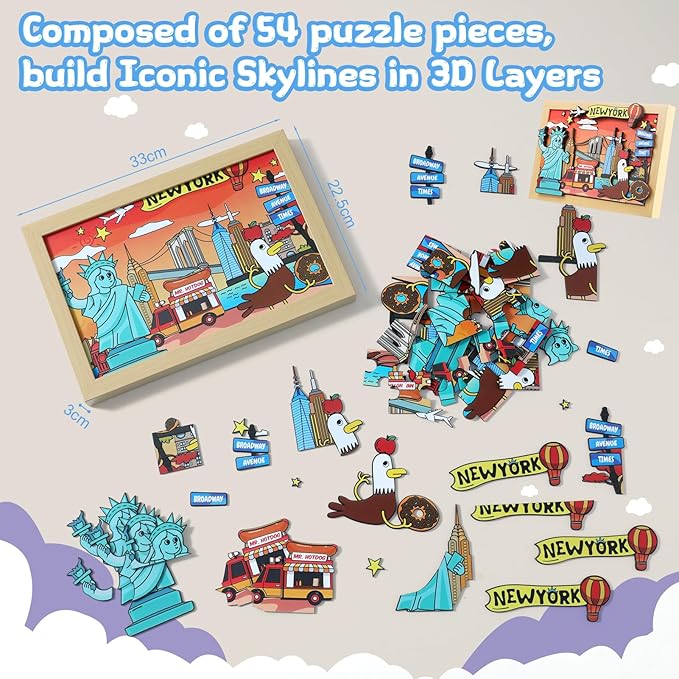 LQG Art Crafts Gift for Kids 4-8 Ages 3D Wooden City Landmark Series Frame Kit for Kids - DIY New York Cartoon Style Puzzle Toys Perfect Wall Art and Tabletop Decoration