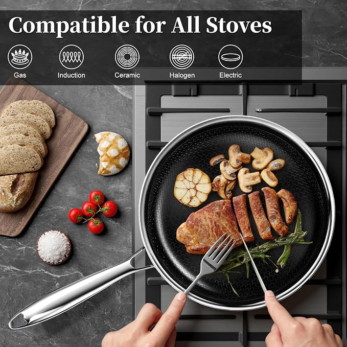 Innerwell 8 Inch Non Stick Frying Pan, Induction & Oven Safe | Titanium Ceramic Tri-Ply Stainless Steel Hybrid Nonstick Skillet, Stay Cool Handle, Heat Fast and Evenly, PFAS/PFOA/PTFE Free