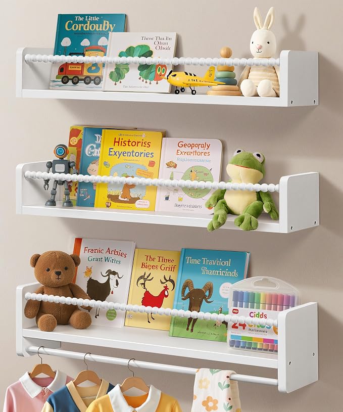 Maxpeuvon Kids Bookshelves for Wall, 23 Inch White Floating Shelf Set of 3 | Natural Wood Nursery Shelves with Towel Bar, Wall Storage for Books, Toys and Decor, for Kids Room, Bedroom, Living Room