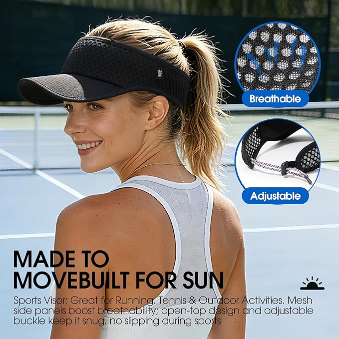AUSFLUG Sun Visor Hat Men Women - Moisture Wicking Lightweight Sports Cap | Quick dry breathable mesh, adjustable ponytail strap, sun blocking for golf, tennis, pickleball, running, beach, hiking
