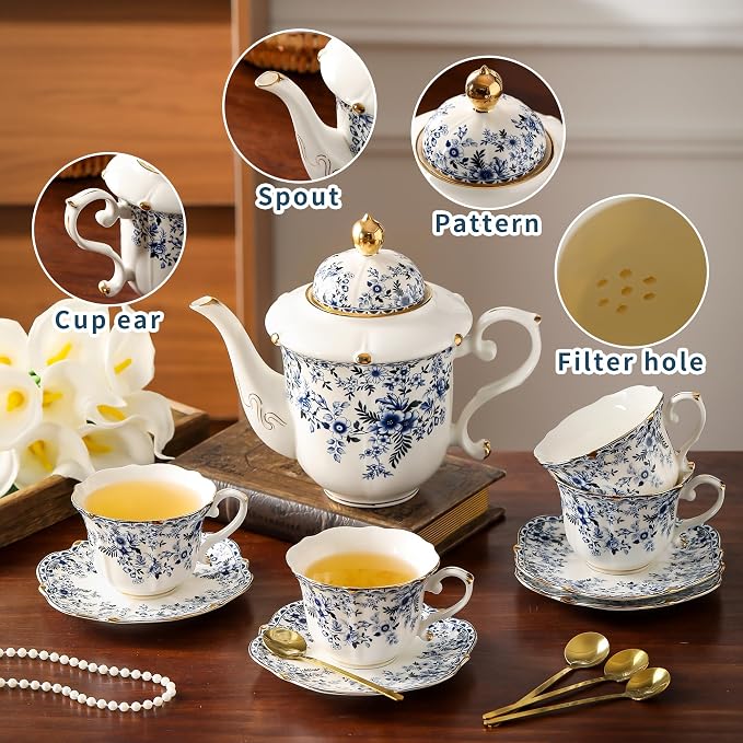 TATSUMI Country Roses Porcelain Tea Set, European Ceramic tea set for adults,Vintage Style, For Women and Tea Parties (BLUE, 13 Pieces Set)