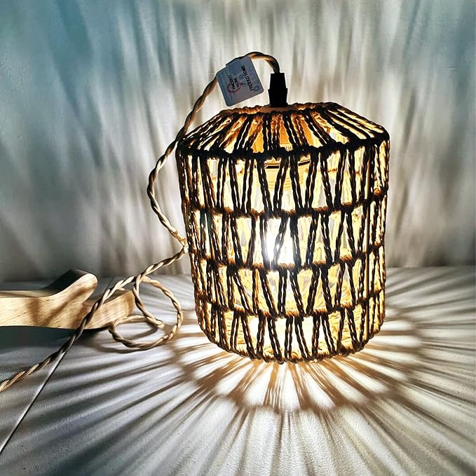 Frideko Rattan Wall Lamp with Plug in Cord Hand Woven Plug in Wall Sconces Paper Rope Wall Light Farmhouse Wall Sconce Wall Mounted Light Boho Wall Sconces Wall Lighting for Bedroom Living Room