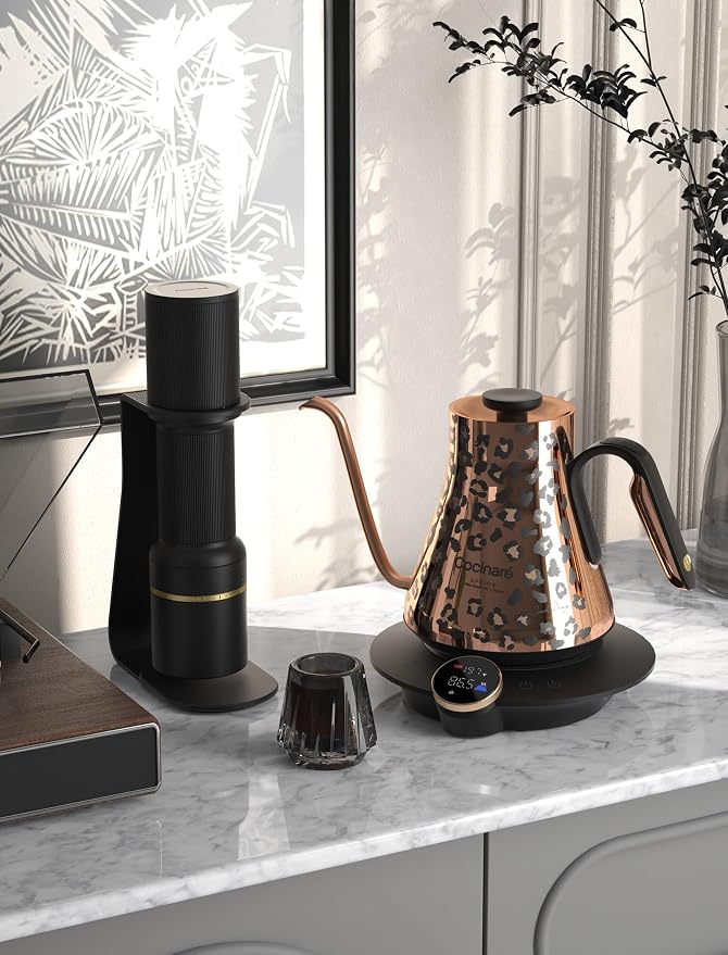 Cocinare Artisan Collection Gooseneck Electric Kettle, ±0.5℉ Precise Temperature Control for Pour-Over Coffee & Tea, Quick Heating 1500W, Stainless Steel Interior, 0.9L (Wild Gold)
