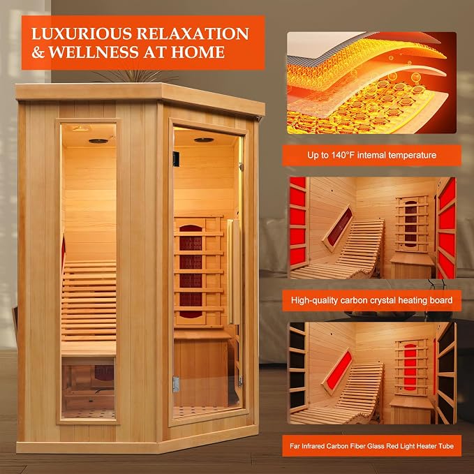 Far Infrared Wood Sauna, 1 or 2 Person Home Canadian Hemlock Luxurious Wooden Traditional Indoor Sauna, 2300W Spa Room with Recliner, 8 Heating Element, Bluetooth Speaker, Lights, Oxygen Bar