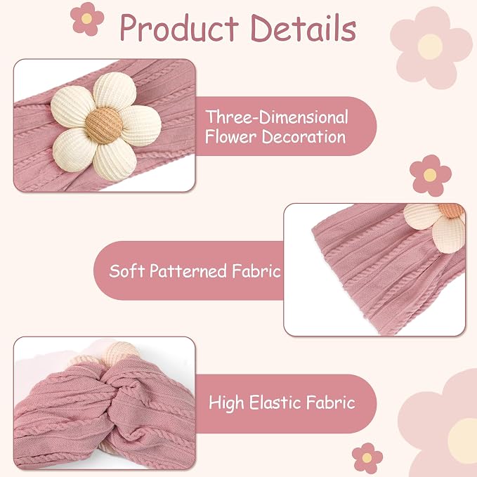 CÉLLOT Baby Flower Headbands Baby Girls Nylon Headbands Baby Essentials Stretchy Hairbands Handmade Hair Accessories for Newborn Infant Toddlers Kids (Pink,Khaki Gray,Dusty Pink)