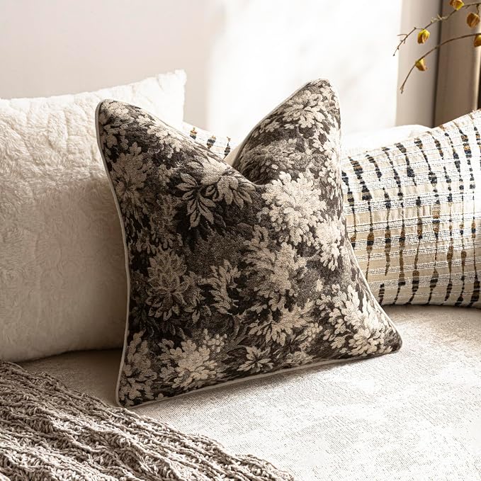 Pack of 2 Vintage Floral Throw Pillow Covers 20x20 Boho Farmhouse Accents Chenille Square Decorative Pillow Cases for Living Room Couch Bed Home Decor, Grey