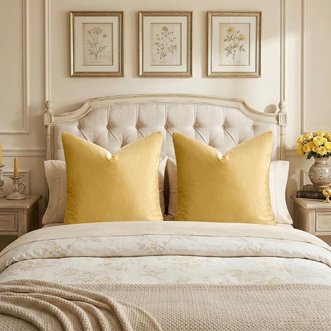 GIGIZAZA Yellow Velvet Pillow Covers 18x18 Decorative Pillows Pack of 2 | Throw Pillows for Couch Sofa,280gsm Soft Textured Fabric,Modern Square Pillowcases,Luxury Cushion Covers