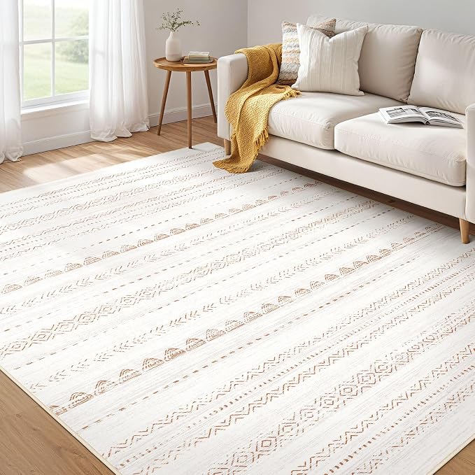 Nakagishi Boho 4x6 Area Rug Living Room Rugs Machine Washable Beige/Brown | Soft, Pet & Kid Friendly, Carpet for Living Room/Bedroom/Office/Kitchen/Nursery, Daily Home Decor Stain Resistant Moroccan