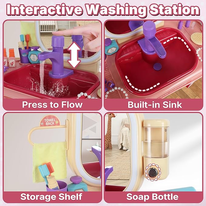 Kids Vanity Set with Mirror, Faucet, LED Lights & Music – Purple Princess Makeup Table with Stool, 23 Pretend Accessories, Toddler Vanity Beauty Salon Toy Gift for Girls Ages 3–6 Dress Up Play