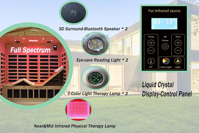 Full Spectrum Outdoor Sauna 3 Person,Low EMF Far Infrared Sauna with Folding Lounge Chair for Home, | Chromotherapys| Bluetooth Speakers| Near&Mid Infrared Therapy| Fir Wood| 81.1*44.9* 83.4 In
