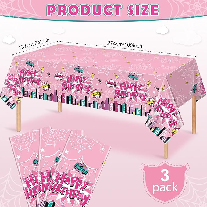 3Pcs Spider Birthday Party Tablecloths, Disposable Plastic Cartoon Spider Tablecloth Pink Hero Table Cover for Rectangle Table Girl’s Birthday Party Supplies, 54x108 inches
