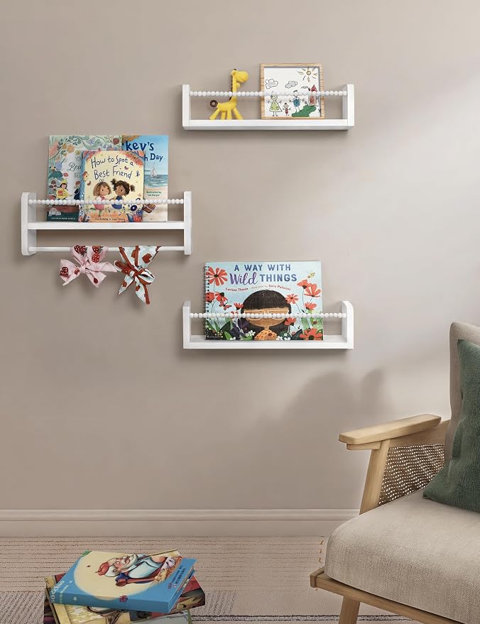 Maxpeuvon Nursery Book Shelves for Wall, White Floating Shelves Set of 3 | Natural Wood Nursery Shelves, with Towel Bar, Storage Shelf for Books, Toys and Decor, for Kids Room, Bedroom, Living Room