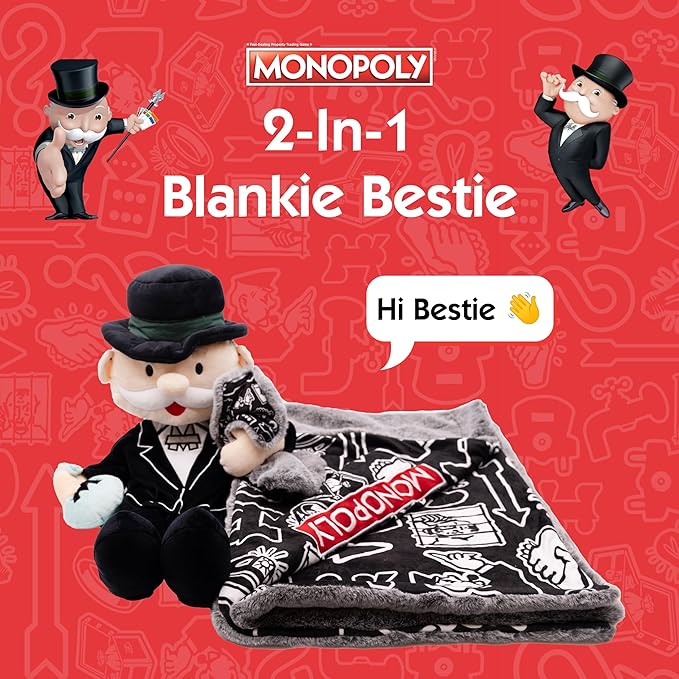 Monopoly Blankie Bestie Stuffed Animal Blanket - 2-in-1 Baby Blanket with Stuffed Animal, Soft Plush Toy Baby Shower Gifts for Boys, Girls, Toddlers & Kids, Sensory Plush Toy