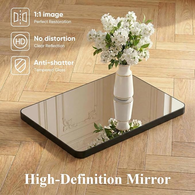 Sweetcrispy Bathroom Mirror for Over Sink, 30x48 Inch Wall Mount Mirror with a Rounded Rectangle and Matte Metal Frame, Modern Wall Vanity Mirrors for Home Decor, Living Room, Bedroom, Black