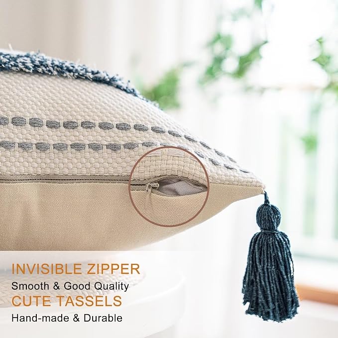 BUIOVBEY Boho Throw Pillow Covers Woven Tufted Pillow Cases with Tassels | Farmhouse Pillow Covers 18x18 Set of 2 Textured Striped Cushion Case Neutral Decorative Pillowcase for Sofa Couch Dark Blue