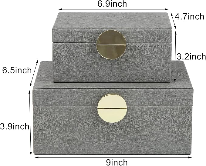 HofferRuffer Faux Leather Jewelry Boxes, Decorative Boxes Storage Accessory Organizer with Gold Hardware Decor, Classic Vegan Leather Set of 2 Pieces (Dark Grey)