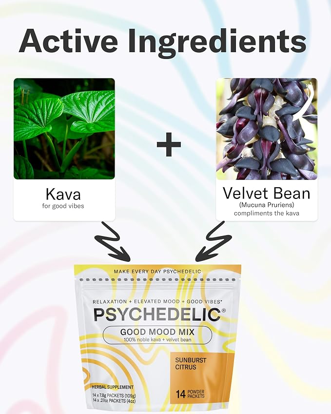 Psychedelic Water Calming Kava Drink Mix - Kava kava Flavored Drink Mix - Easy Open Single-Serving - Flavored Kava - Mucuna Pruriens - Stevia - Adaptogen Mocktails - 14 Sticks - Sunburst Citrus