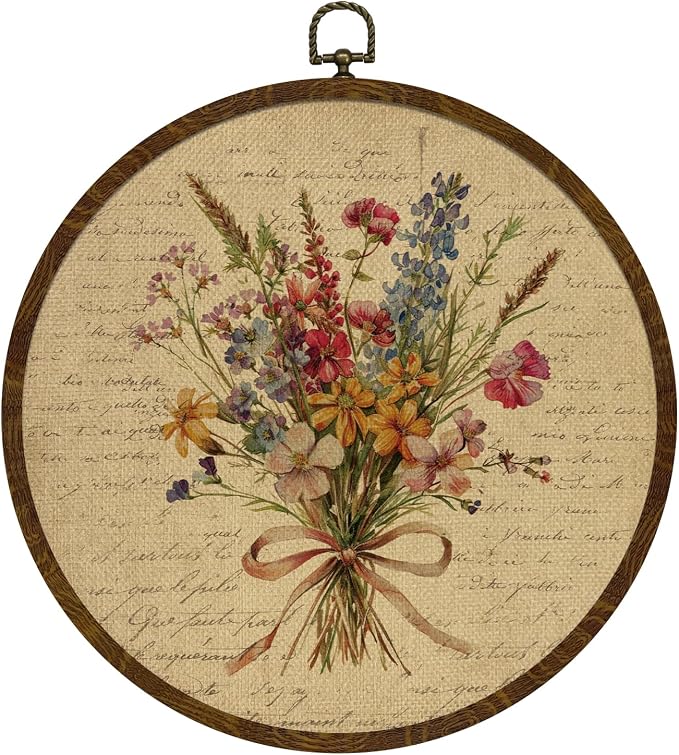Vintage Floral Round Wall Art Decor,Retro Flower Wall Art Decoration, Watercolor Wildflower Botanical Canvas Print with Frame,Farmhouse Decor for Bedroom Living Room Gallery Space10x10inch (Letter Flowers-03)