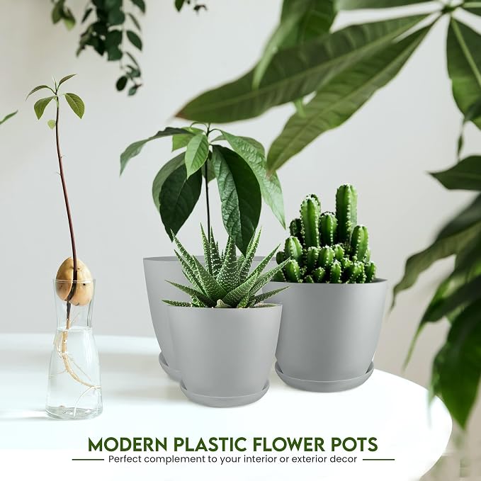 Plant Pots Indoor with Drainage, 5 Pack Multi-Size Planters Set, Grey | Drainage holes included Multiple sizes 7/6.6/6/5.3/4.8 In Indoor plants and flowers Durable plastic construction