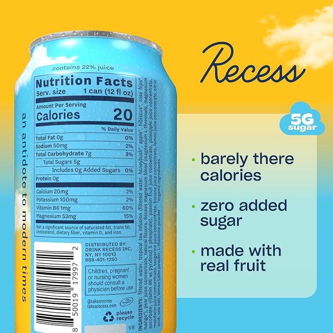 Recess Mood Magnesium & Adaptogen Drink, Relaxation Beverage, 12 ounce (Tropical Bliss, 12 pack)