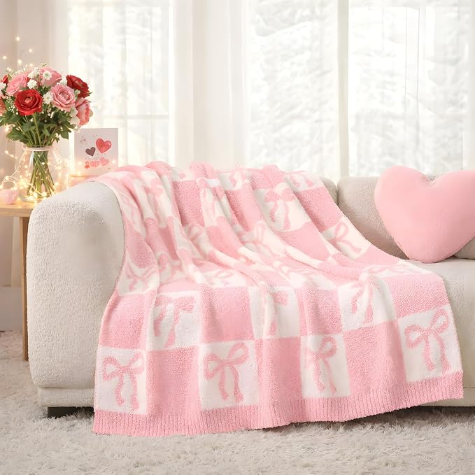 Snuggle Sac Bow Throw Blanket for Couch, Microfiber Fluffy Warm Cozy Fuzzy Reversible Checkered Blankets for Sofa, Chair, Bed, 60x80 inches