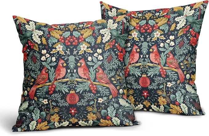 Christmas Pillow Covers 16X16 Inch Cardinal Red Birds Berry Leaves Decorative Pillow Cases Set of 2 Xmas Holiday Throw Pillows Home Decor for Sofa Couch Cushion Outdoor