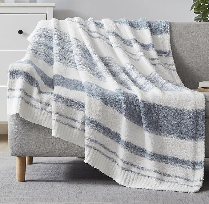 Soft Twin Blanket for Bed-Cozy Warm Reversible Knitted Blankets | Lightweight Fluffy Decor for Women, Mom, Her & Girls, Sofa, Chair, Couch, 60x80in, Grey Blue Stripe