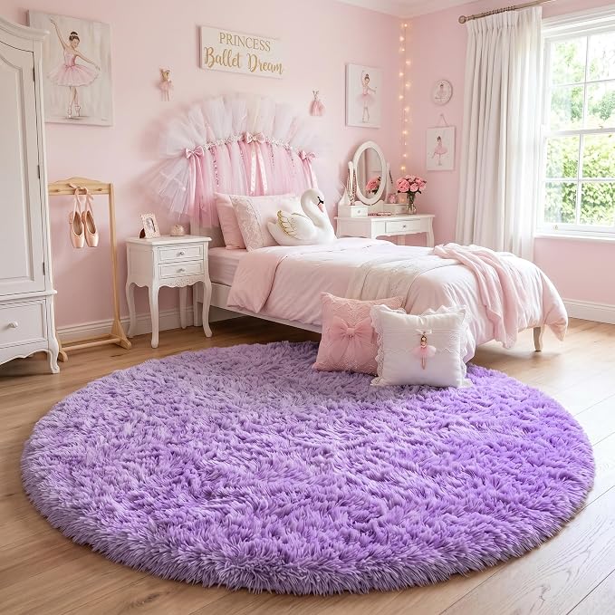 Amdrebio Purple Round Rugs 5Ft for Girls Bedroom Decor Aesthetic, Fluffy Fuzzy Circle Area Rug for Kids Playroom, Cute Furry Shaggy Circular Princess Carpet for Living Room, Baby Nursery, Preppy Dorm