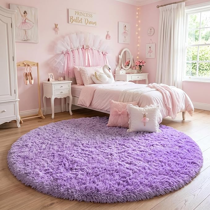 Amdrebio Purple Round Rugs 4Ft for Girls Bedroom Decor Aesthetic, Fluffy Fuzzy Circle Area Rugs for Kids Room, Soft Cute Furry Plush Shaggy Throw Lavender Carpet for Living Room, Baby Nursery, Dorm