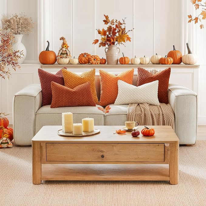 Kevin Textile Soft Corduroy 12"x20" Lumbar Pillow Cover 1 Pack, Rust | Fall Boho Stripe Plush Corduroy Decorative Oblong Cushion Cover Modern Farmhouse Home Decor for Sofa Couch Bed Chair