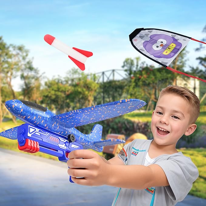 4PCS Airplane Launcher Toys, EVA Foam Glider Catapult Plane Toy for Kids Flying Toy - Fun Outdoor Flying Toy for Children Birthday Gifts for Boy Girl, Party Supplies,Blue
