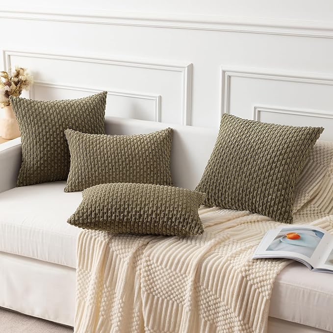 Kevin Textile Soft Corduroy 14"x24" Lumbar Pillow Cover 1 Pack, Olive Green | Boho Stripe Plush Corduroy Decorative Oblong Cushion Cover Modern Farmhouse Home Decor for Sofa Couch Bed Chair