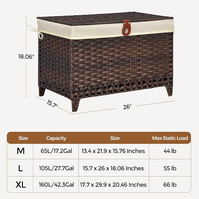 Wicker Storage Basket with Lid, 105L Shelf Basket with Removable Liner Bag | Rattan-Inspired Woven Design, Elevated Feet, Storage Trunk for Wardrobe, Bedroom & Home Organization