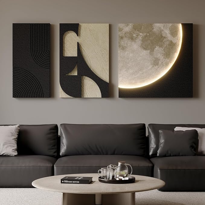 3D LED Wall Art with Moon Design, Lighted Abstract Wall Decor Set, 3 Piece | Warm LED glow, textured moon design, black and beige tones, easy to hang, wall decor for living room bedroom and entryway