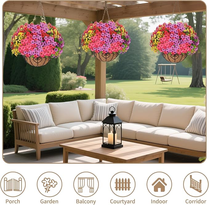 Artificial Hanging Flower for Outdoors(Mixed) | Fake Hanging Basket for Outside,1 Hanging Basket with 13 Pcs Faux Silk Flowers for Porch, Balcony and Patio Decor