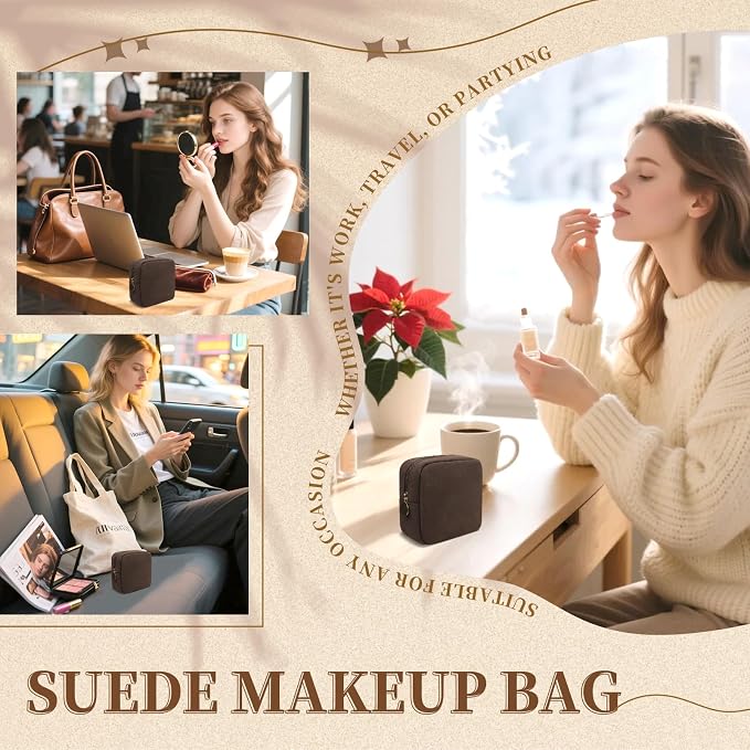 UIXIZQ Waterproof Mini Makeup Bag for Purse,Small Cosmetic Pouch Suede Travel Toiletry Organizers Bag for Women Girls,Cute Zipper Preppy Coin Purse Sanitary Napkin Storage Bag for Work(Mini-Coffee)