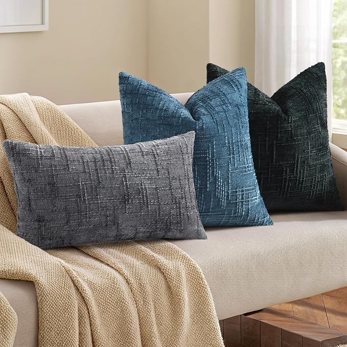 decorUhome Textured Chenille Throw Pillow Covers 26x26 Set of 2 Navy Blue | Fall Modern Farmhouse Soft Cozy Slubby Couch Pillow Cases Boho Decorative Pillow Cases for Bed Sofa Living Room Home Decor