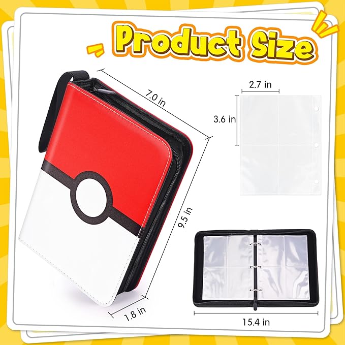 4 Pocket Card Binder with Zipper, Holds 400 Cards, PU Trading Card Album with 5 Hard Plastic Sleeves,Double-Sided Design. Great for Game Cards and sport card