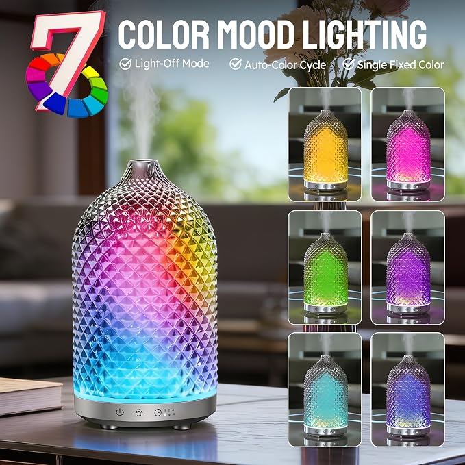 Essential Oil Diffuser 150ml, Glass Diffuser with Ultrasonic Small Humidifier, 7 Color Lights, 1/2/4H Timer, Quiet Auto Shut-Off Oil Diffuser for Bedroom, Home, Office (Black)