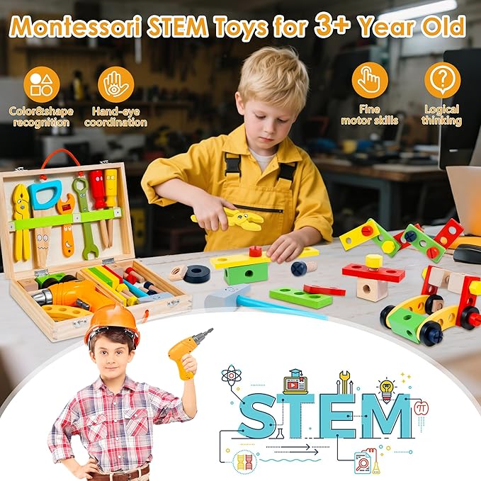 KIDWILL Kids Tool Set with Electric Drill & DIY Stickers, Toddler Tool Set for Kids Ages 3-5 Year Old Boys Girls, Pretend Play STEM Montessori Educational Construction Toys
