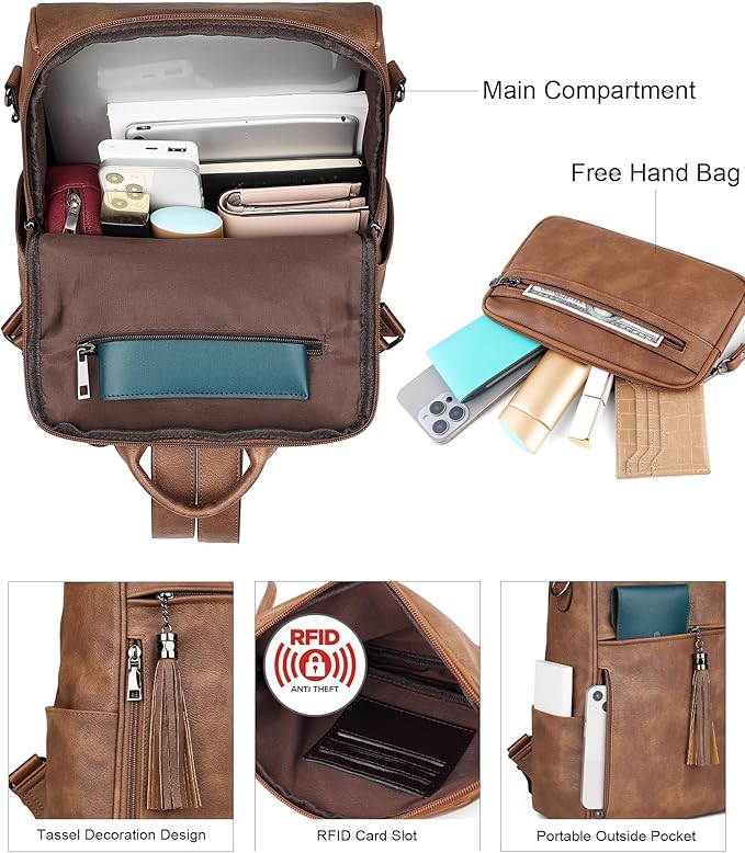 FADEON Leather Backpack Purse for Women Designer Travel Backpack Purses PU Fashion Ladies Shoulder Bag with Tassel