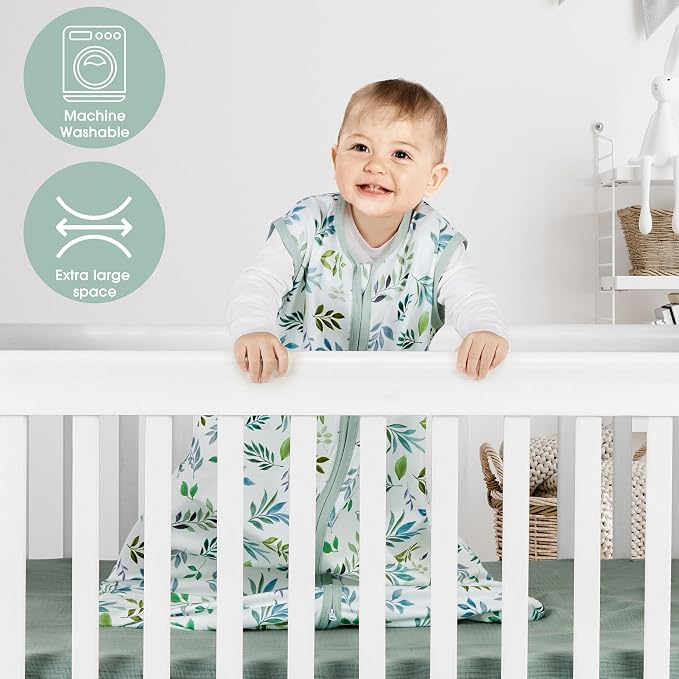 BSTOPPT 3 Pack Baby Sleep Sack 6-12 Months 100% Rayon Cotton Baby Sleeping Bag 2-Way Zipper Toddler Wearable Blankets Comfy Stretchy TOG 0.3 Lightweight（Banana&leaf&green）